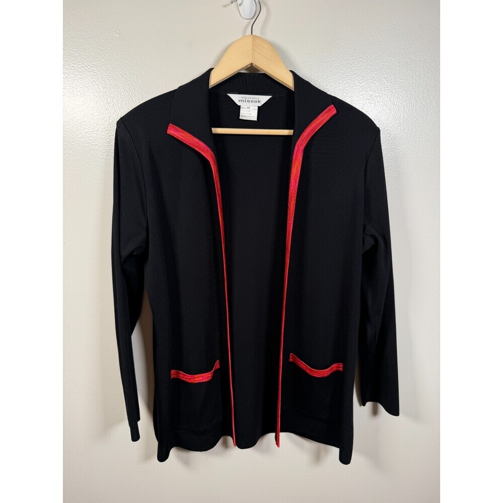 Exclusively Misook Cardigan Sweater Size Medium Black Pink Open Front Classic